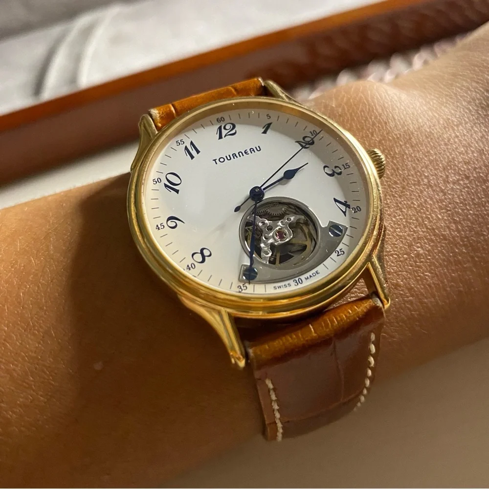 Tourneau 18K Gold Open Heart Brown Leather Watch Vintage 30022